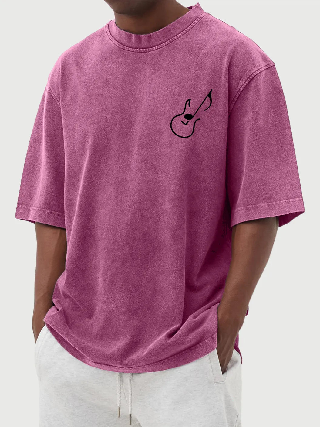 Vintage Washed Guitar Note Print Short Sleeve T-Shirt