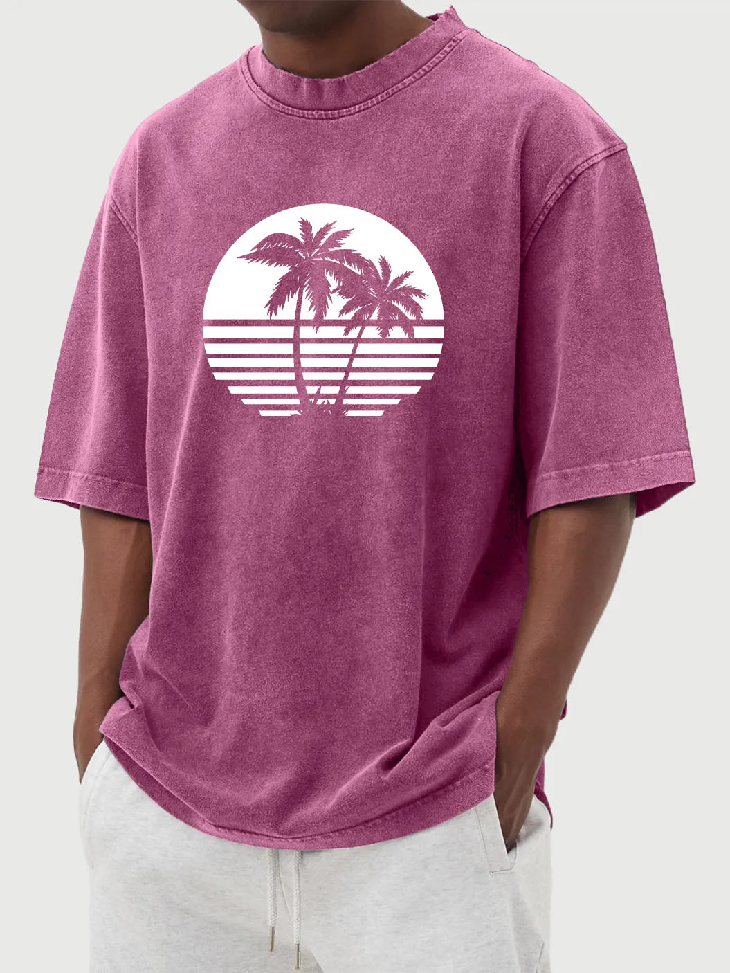 Vintage Washed Hawaiian Coconut Print Short Sleeve T-Shirt