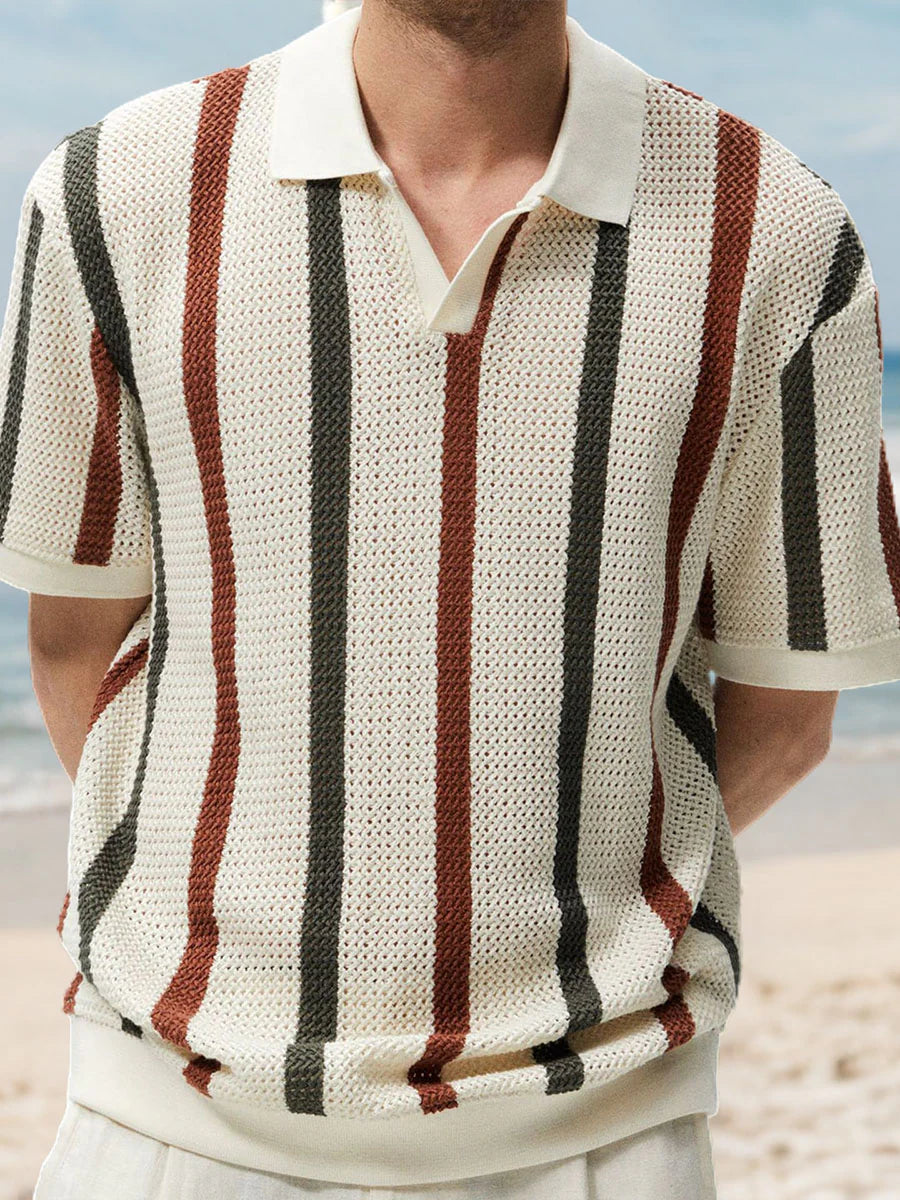 Hollow Stripe Contrast Knit Polo Shirt