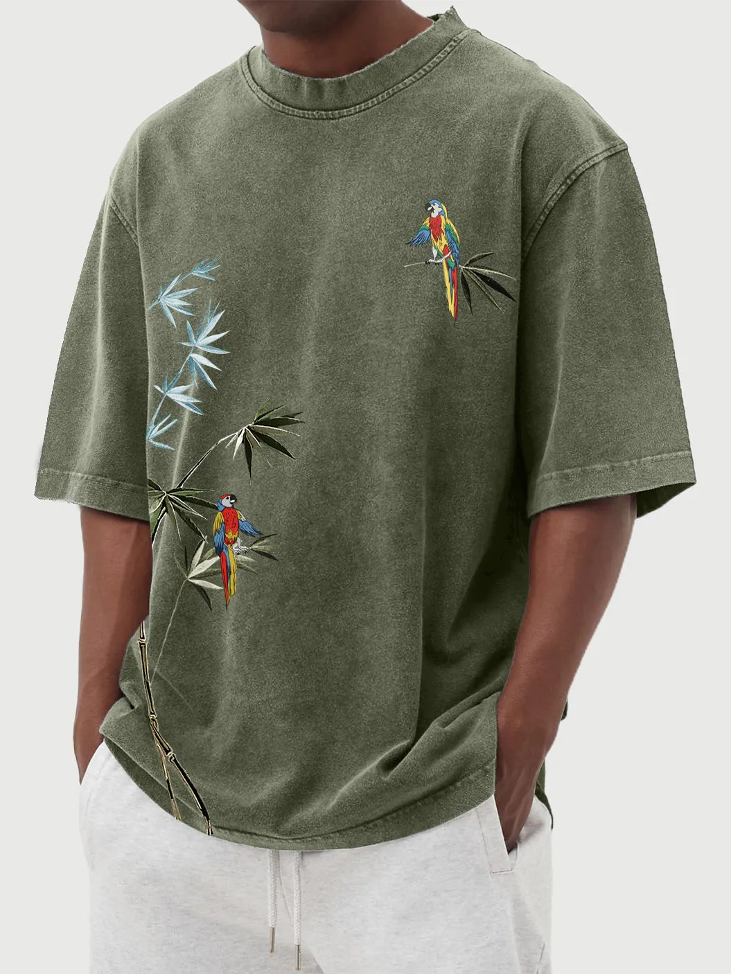 Hawaiian Bamboo Leaf And Parrot Print Short Sleeve T-Shirt