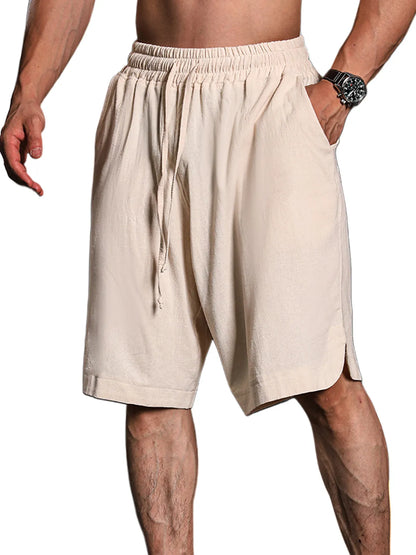 Solid Color Cotton And Linen Three-Quarter Elastic Waist Shorts