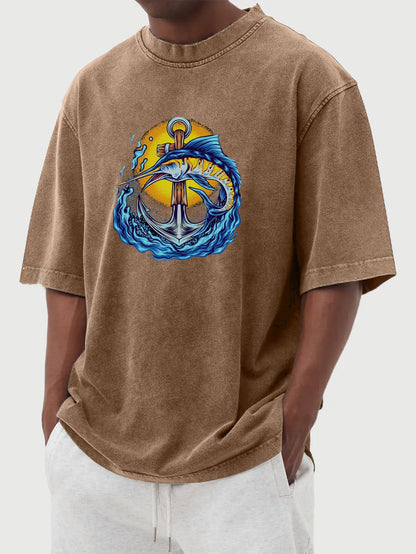 Vintage Washed Anchor & Fish Print T-Shirt