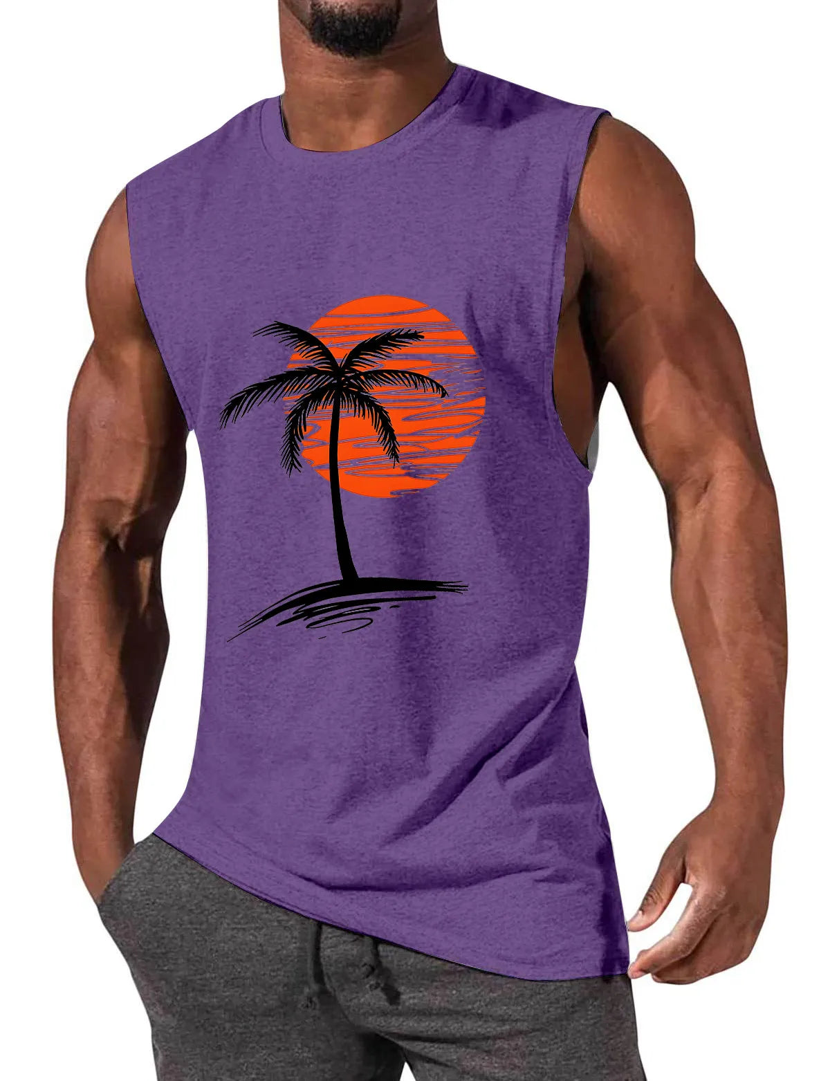 Solid Color Hawaiian Coconut Sleeveless Print T-Shirt