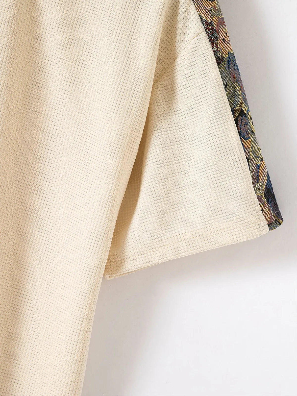 Solid Color Waffle Round Neck Patchwork Short Sleeve T-Shirt