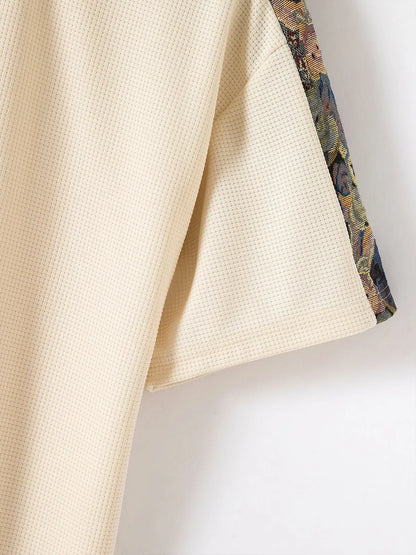 Solid Color Waffle Round Neck Patchwork Short Sleeve T-Shirt