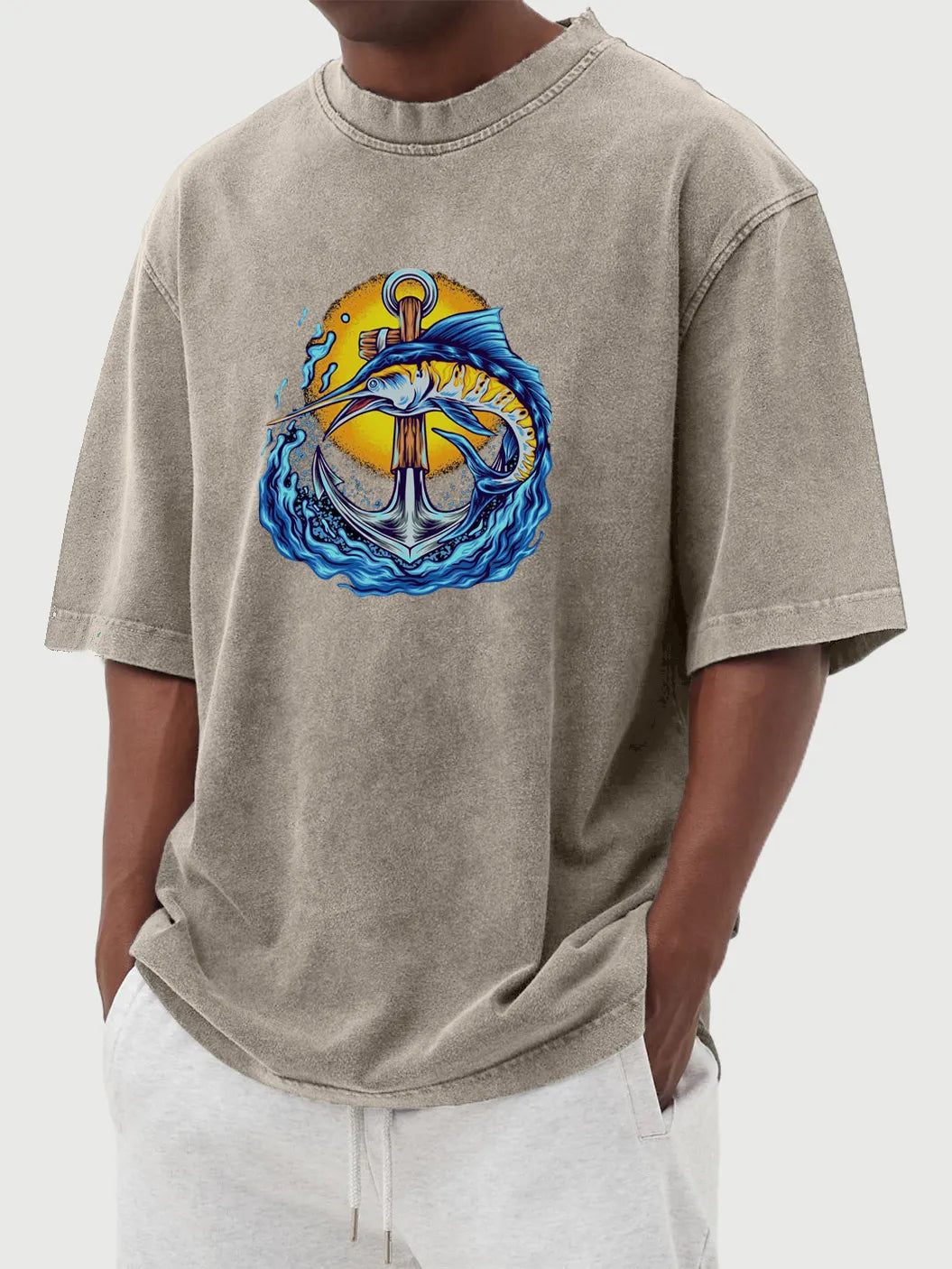 Vintage Washed Anchor & Fish Print T-Shirt