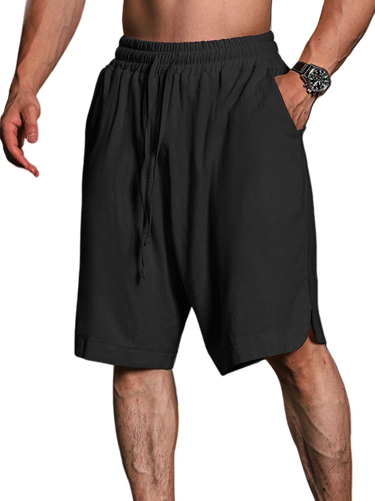 Solid Color Cotton And Linen Three-Quarter Elastic Waist Shorts