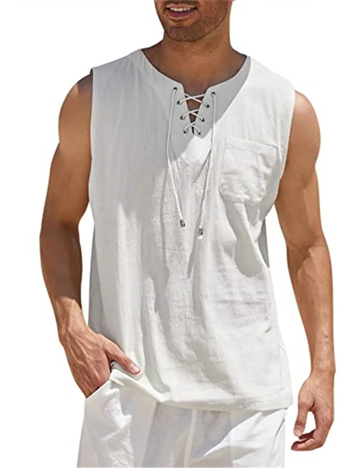 Lace-Up Cotton Linen Short Sleeve T-Shirt