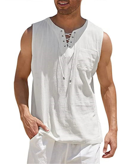 Lace-Up Cotton Linen Short Sleeve T-Shirt