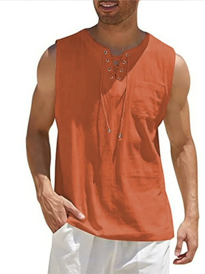 Lace-Up Cotton Linen Short Sleeve T-Shirt