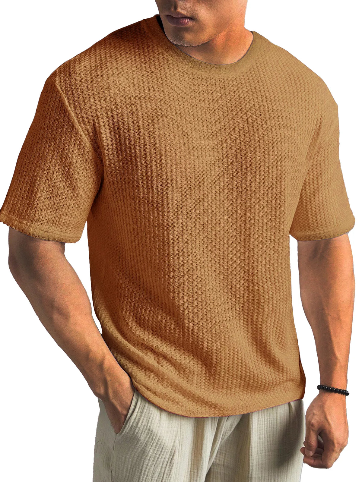 Waffle Fabric Round Neck Short Sleeve Layering T-Shirt