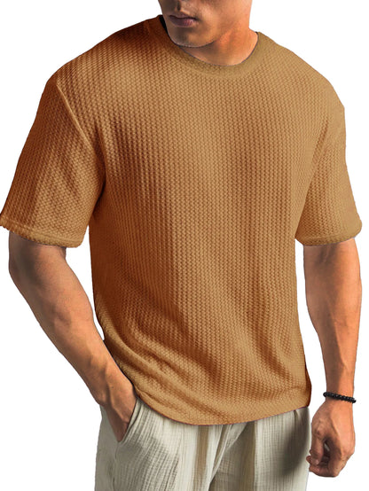Waffle Fabric Round Neck Short Sleeve Layering T-Shirt