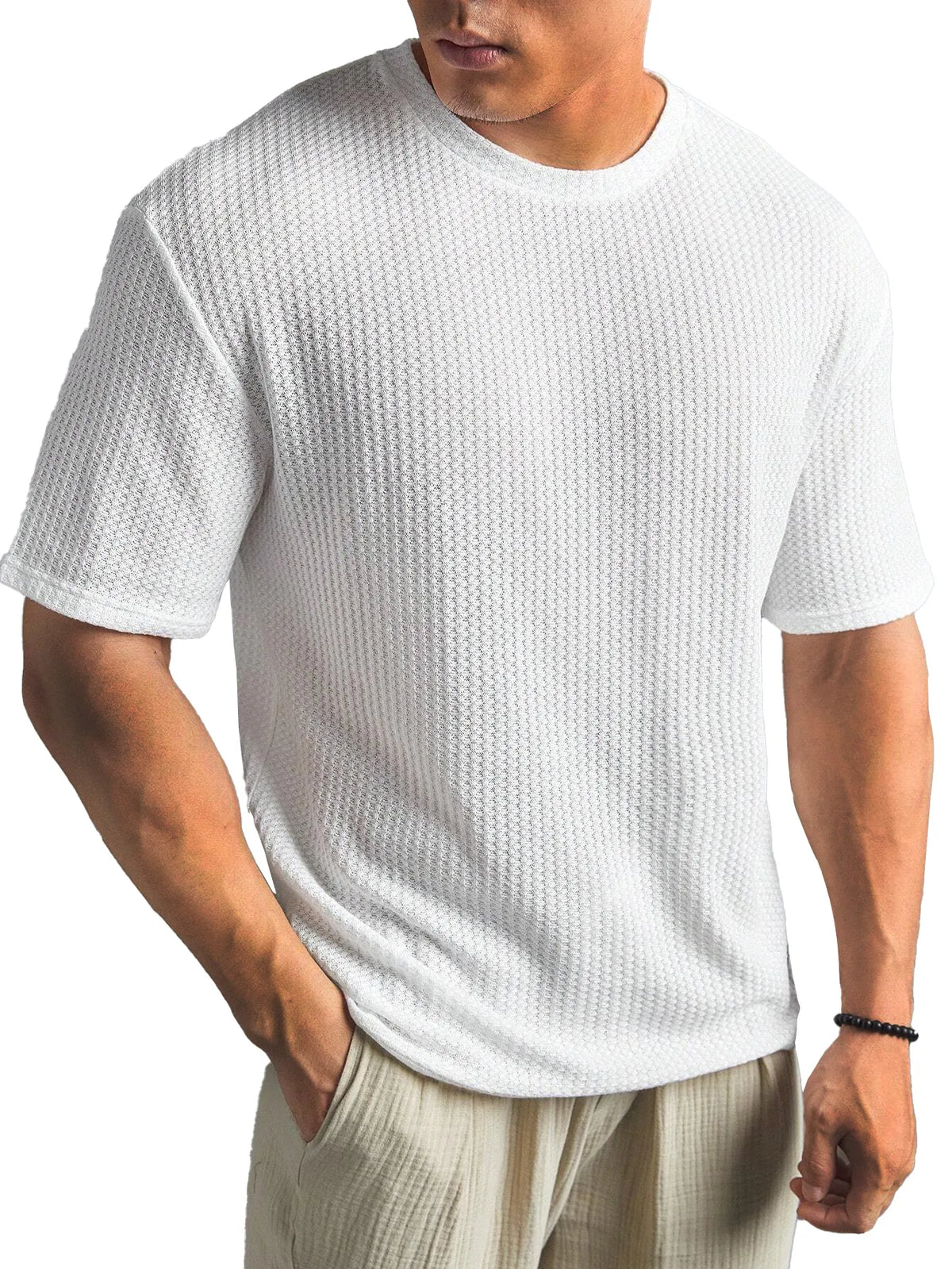 Waffle Fabric Round Neck Short Sleeve Layering T-Shirt