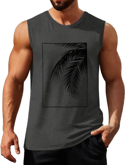 Hawaiian Solid Color Palm Leaf Print Sleeveless Tank Top