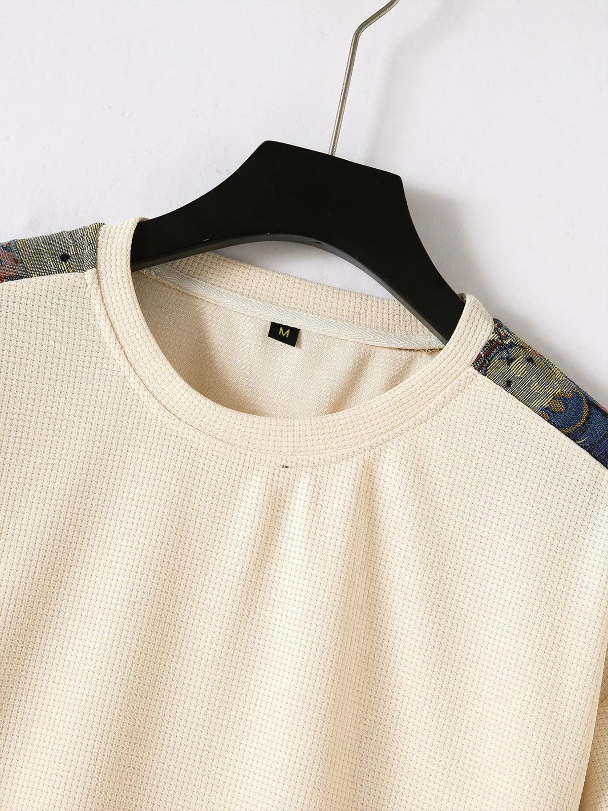 Solid Color Waffle Round Neck Patchwork Short Sleeve T-Shirt