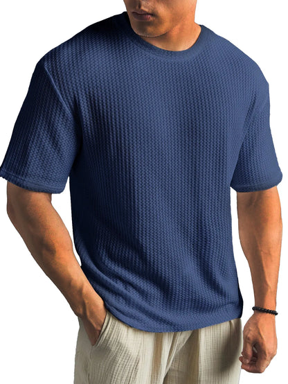Waffle Fabric Round Neck Short Sleeve Layering T-Shirt