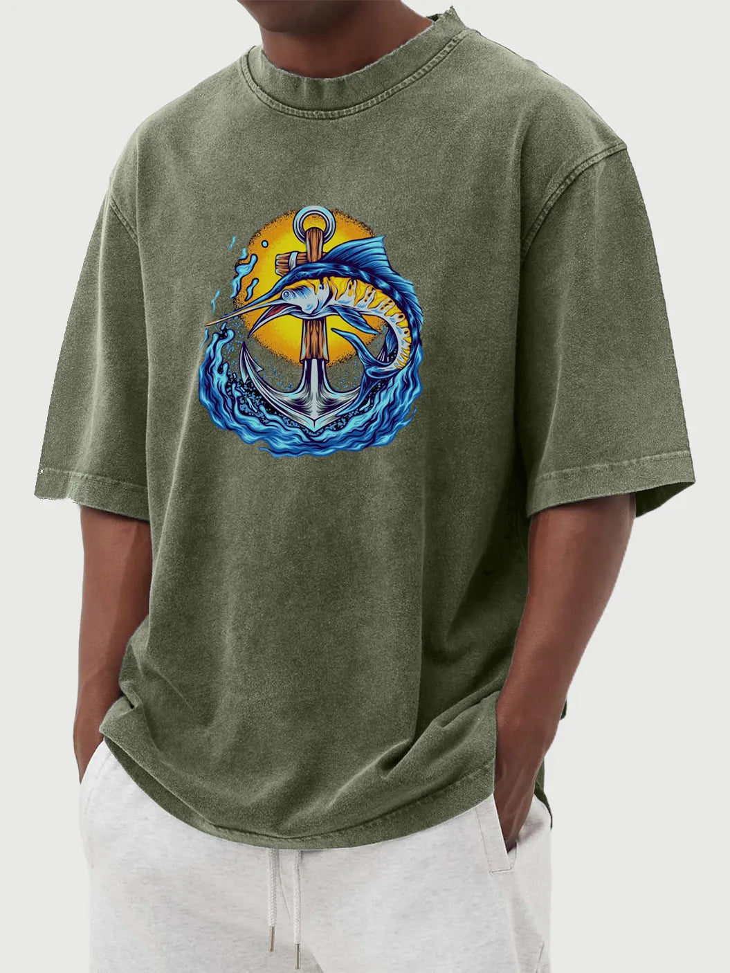 Vintage Washed Anchor & Fish Print T-Shirt