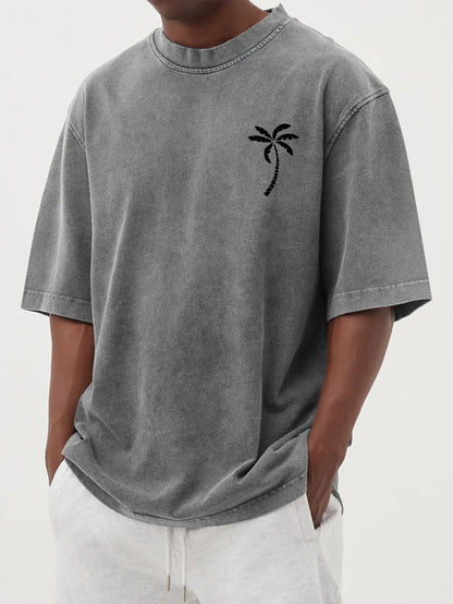 Vintage Washed Distressed Coconut Print Short Sleeve T-Shirt