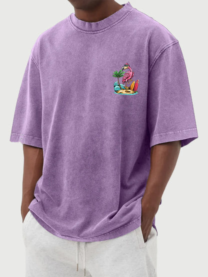 Vintage Washed Hawaiian Flamingo Print Short Sleeve T-Shirt