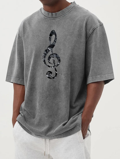 Vintage Washed Distressed Note Print Short Sleeve T-Shirt