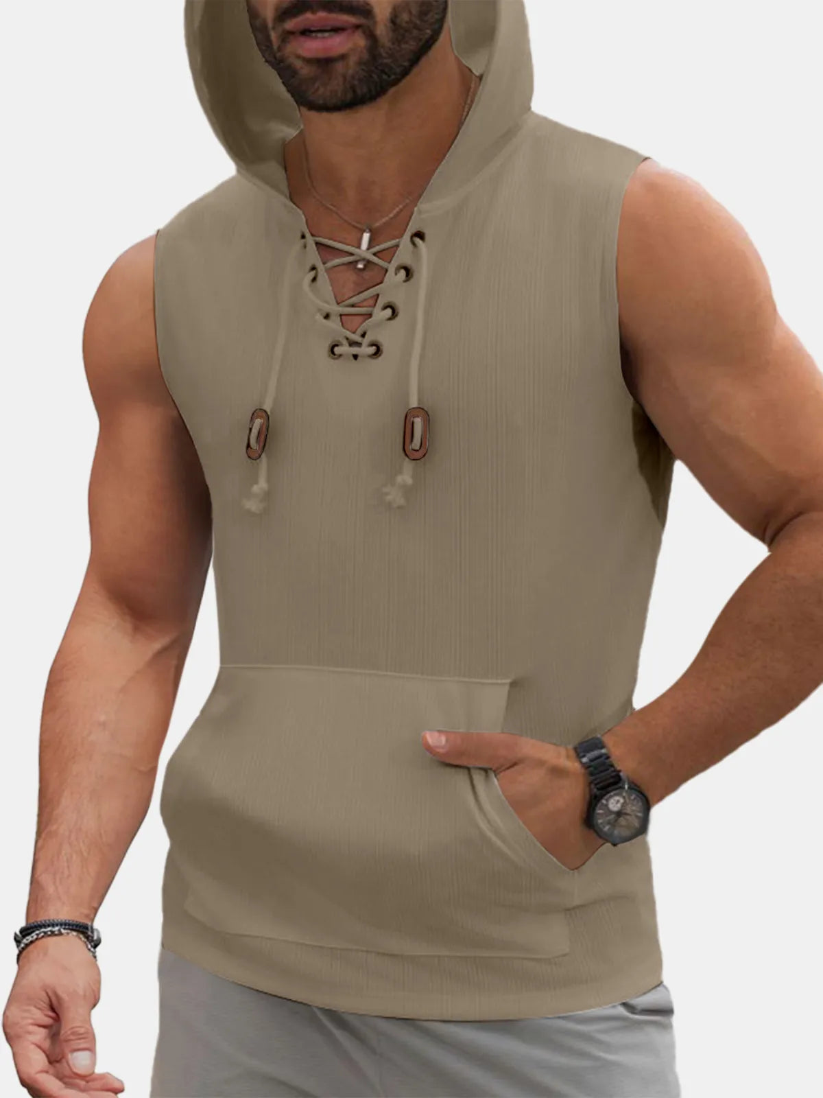 Solid Color Jacquard Hooded Sleeveless T-Shirt