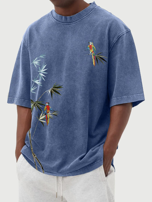 Hawaiian Bamboo Leaf And Parrot Print Short Sleeve T-Shirt