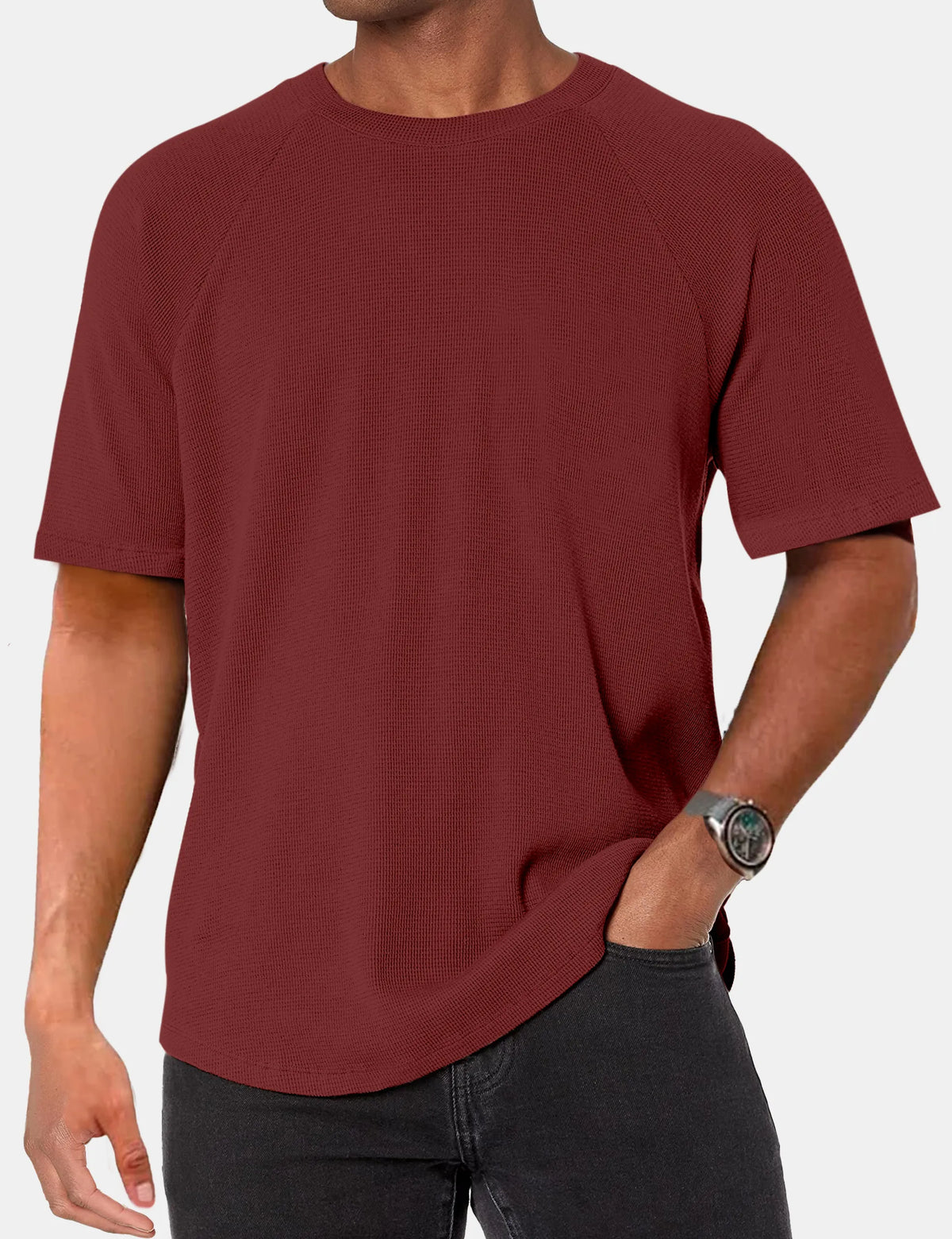 Solid Color Waffle Raglan Short Sleeve T-Shirt