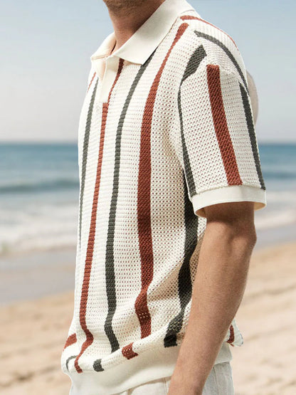 Hollow Stripe Contrast Knit Polo Shirt