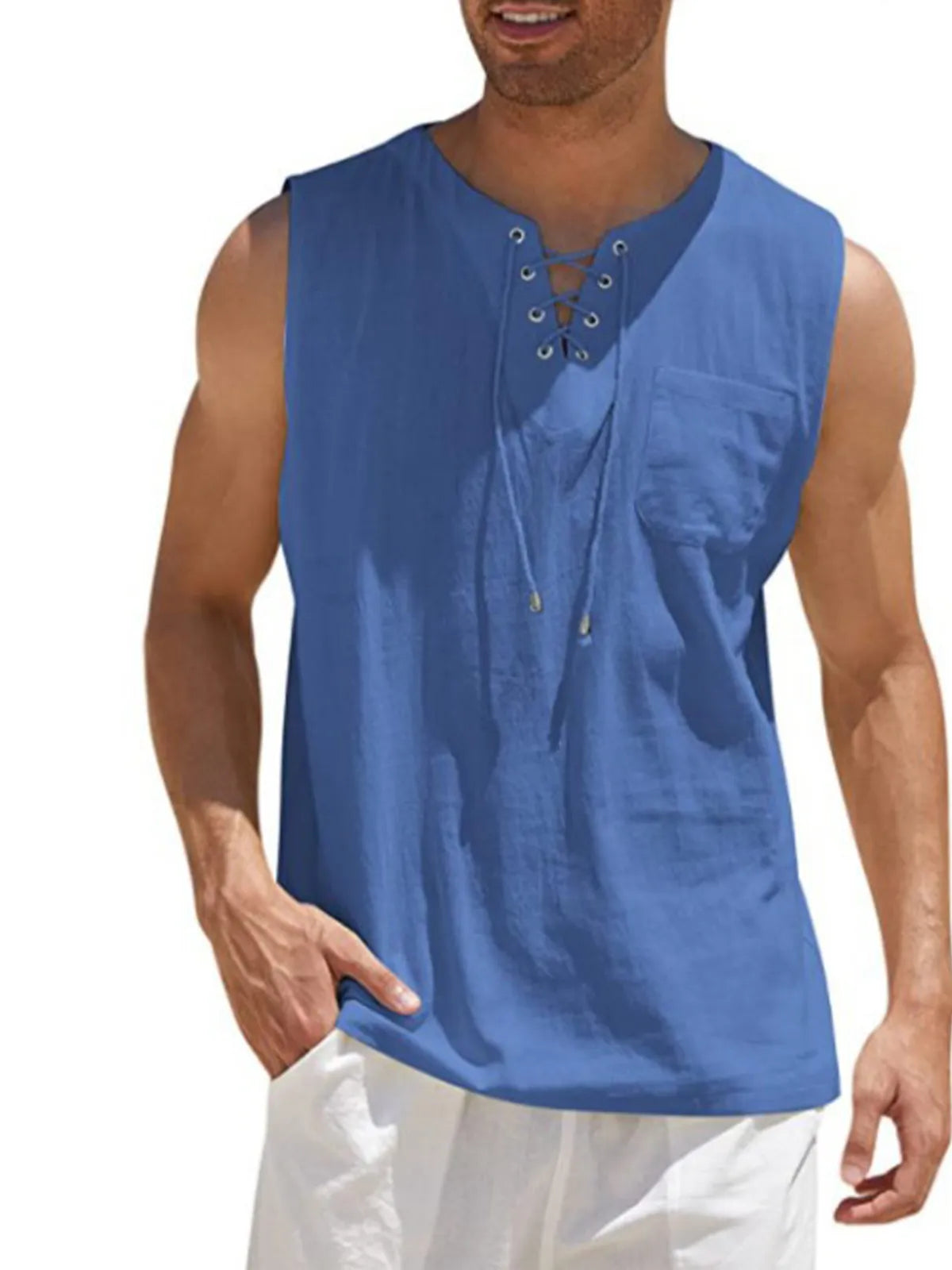 Lace-Up Cotton Linen Short Sleeve T-Shirt