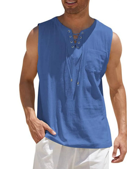 Lace-Up Cotton Linen Short Sleeve T-Shirt