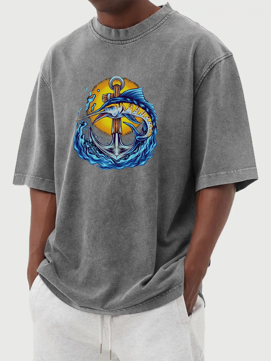 Vintage Washed Anchor & Fish Print T-Shirt