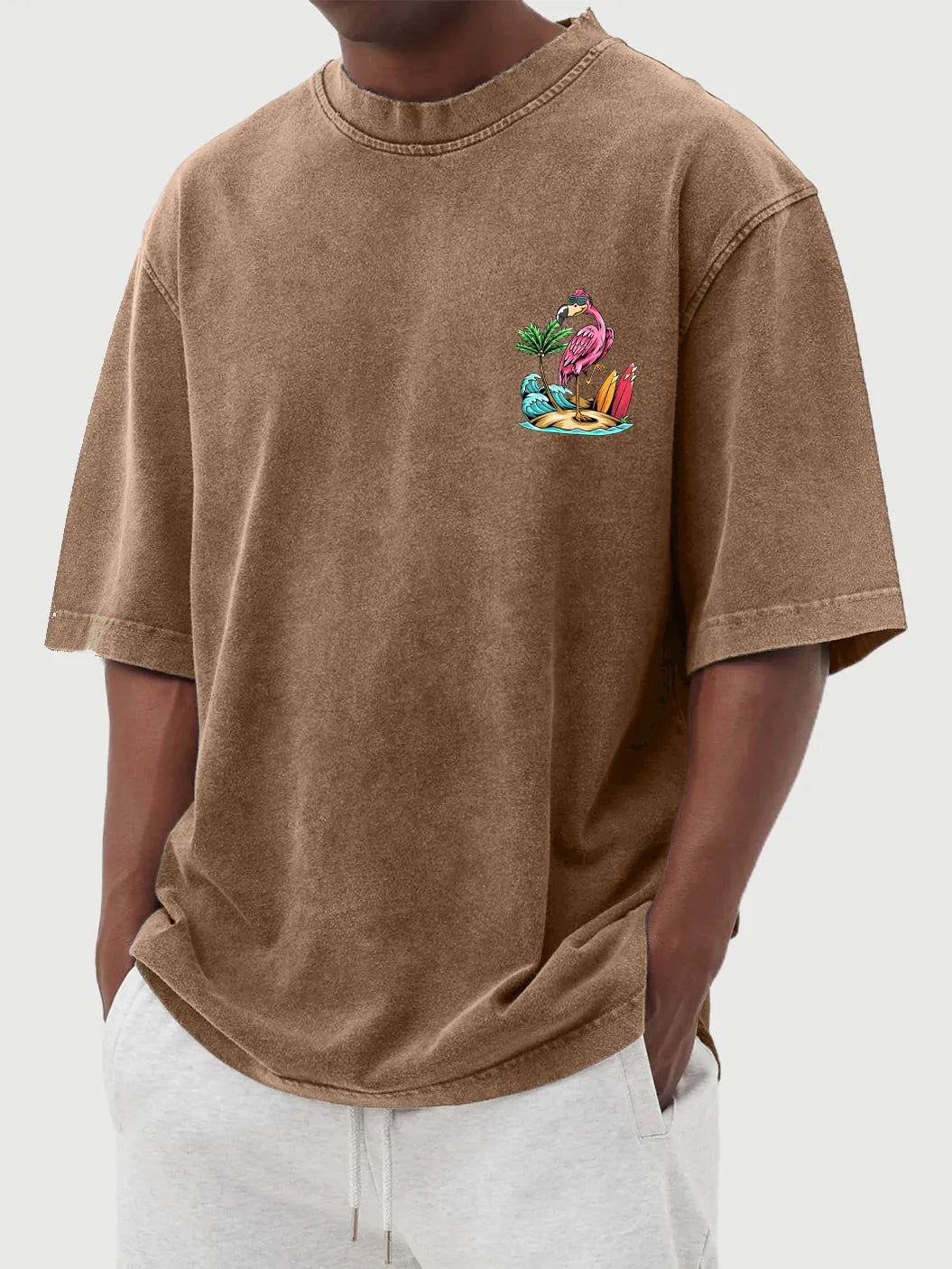 Vintage Washed Hawaiian Flamingo Print Short Sleeve T-Shirt