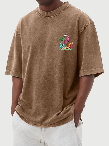 Vintage Washed Hawaiian Flamingo Print Short Sleeve T-Shirt