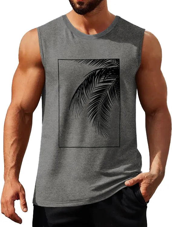 Hawaiian Solid Color Palm Leaf Print Sleeveless Tank Top