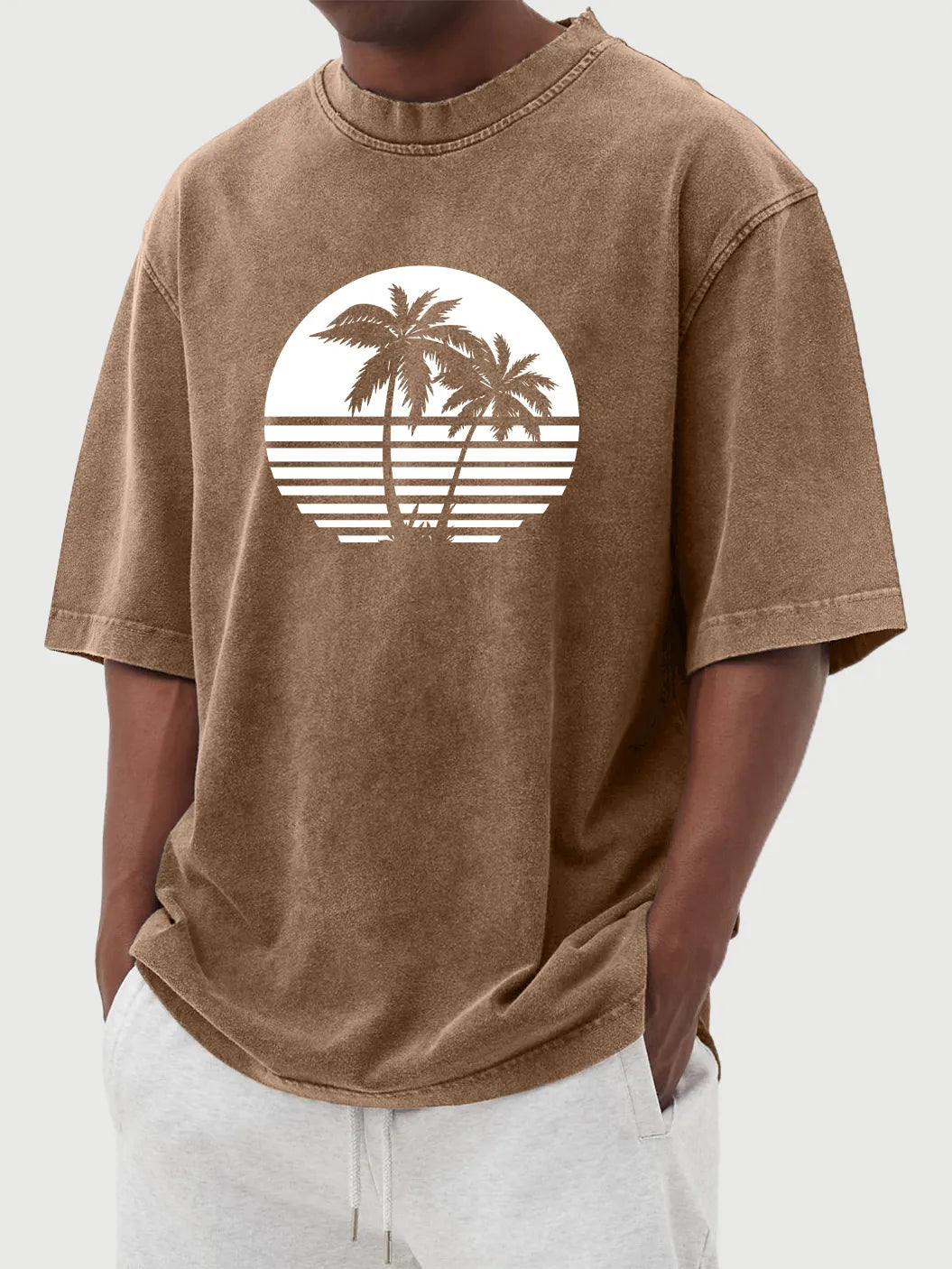 Vintage Washed Hawaiian Coconut Print Short Sleeve T-Shirt