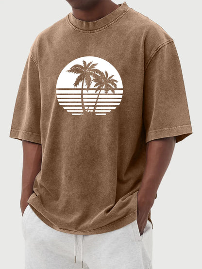 Vintage Washed Hawaiian Coconut Print Short Sleeve T-Shirt