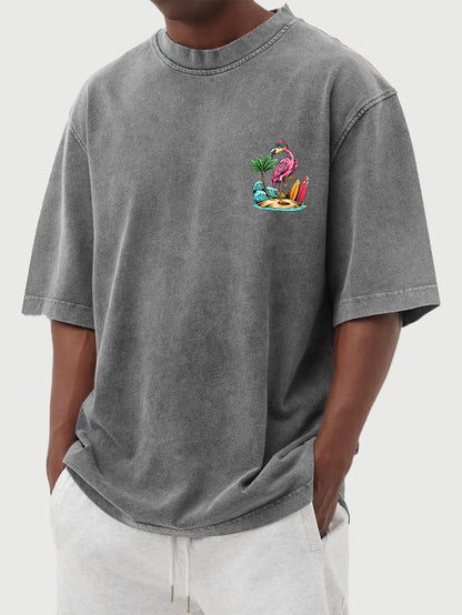 Vintage Washed Hawaiian Flamingo Print Short Sleeve T-Shirt
