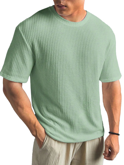 Waffle Fabric Round Neck Short Sleeve Layering T-Shirt