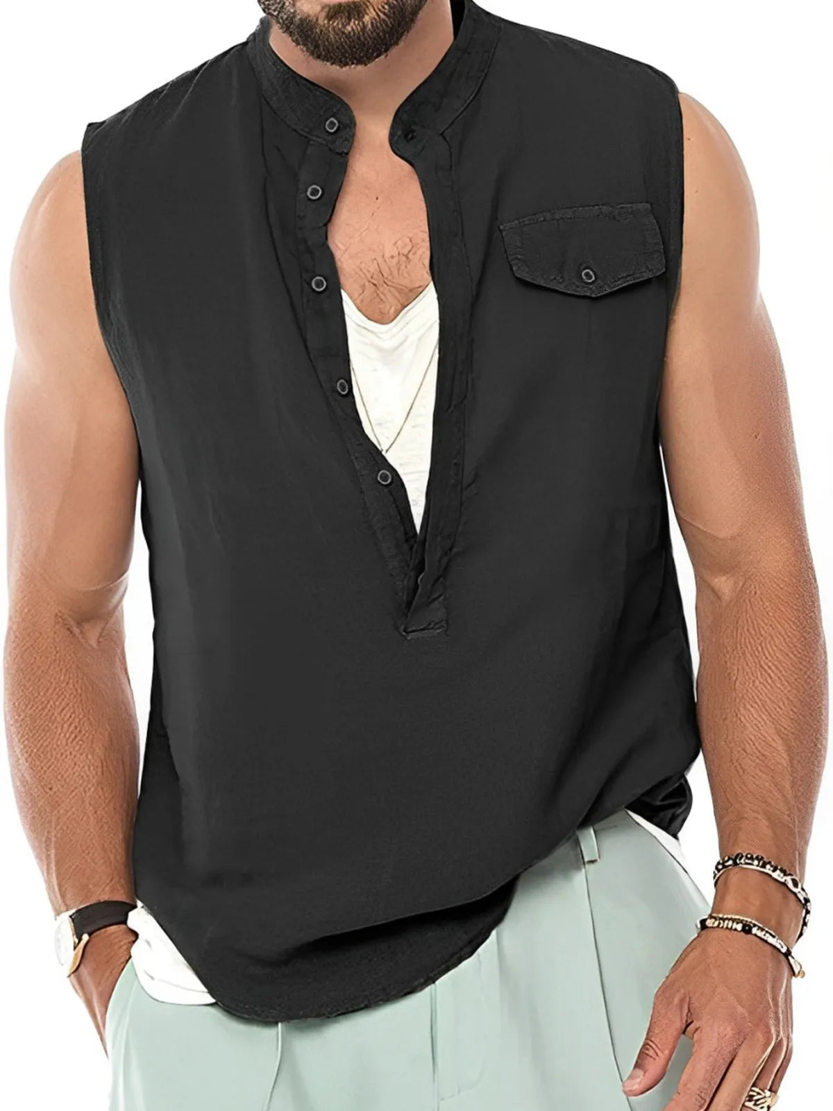 Cotton Linen Henley Sleeveless Vest