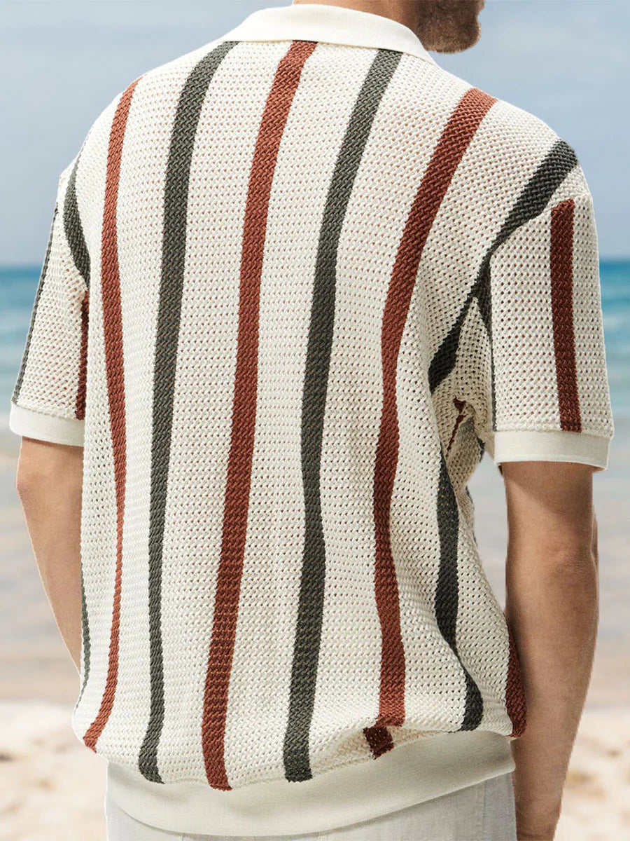 Hollow Stripe Contrast Knit Polo Shirt