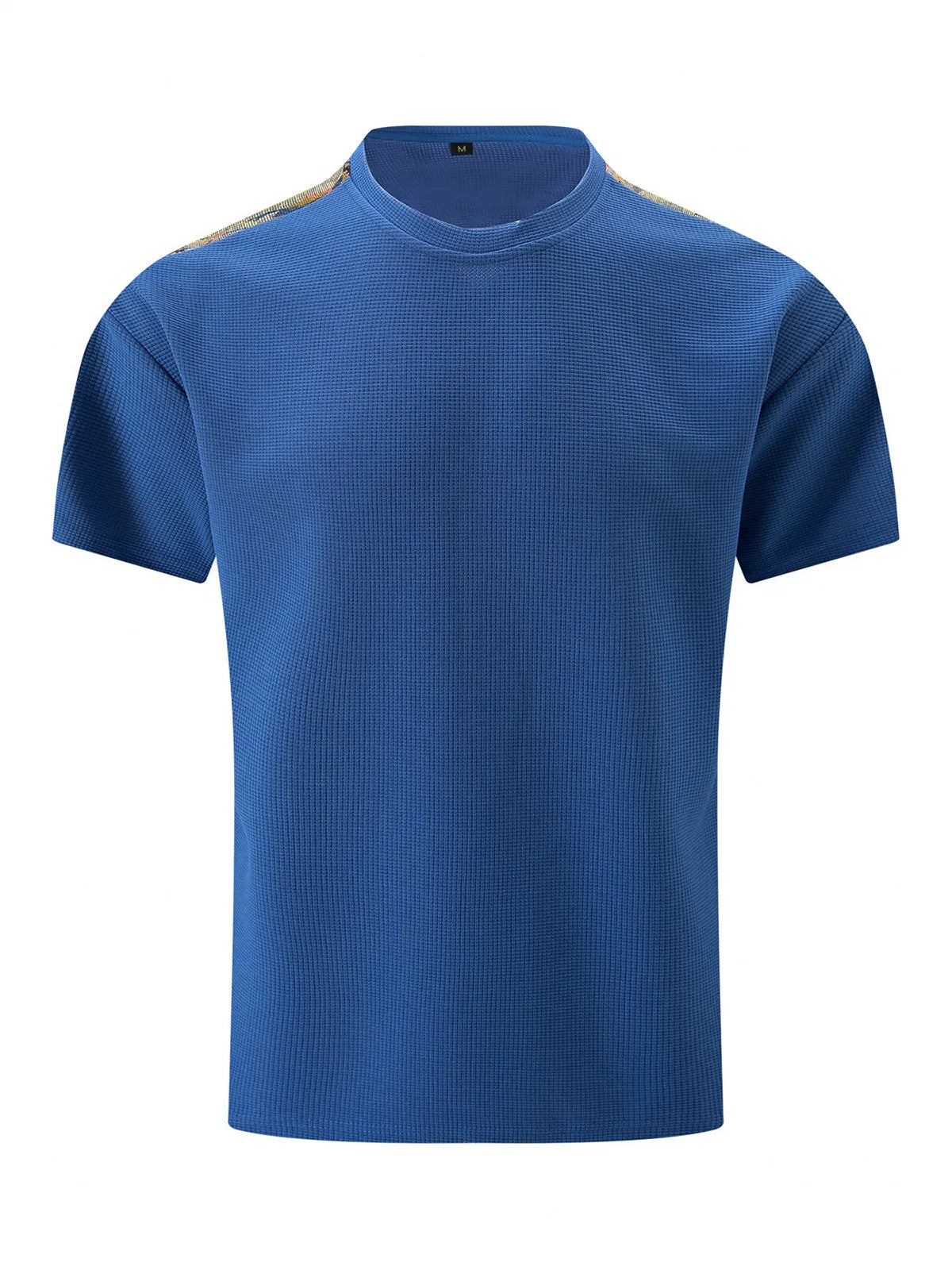 Solid Color Waffle Round Neck Patchwork Short Sleeve T-Shirt