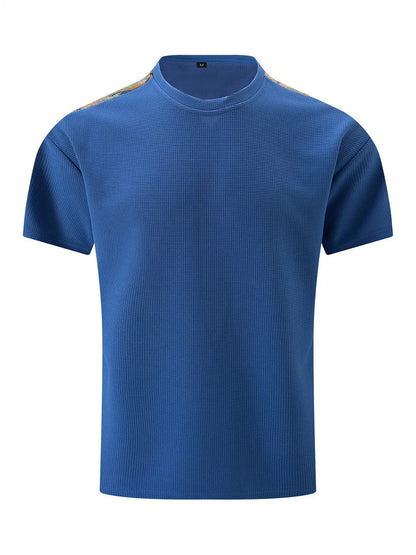 Solid Color Waffle Round Neck Patchwork Short Sleeve T-Shirt