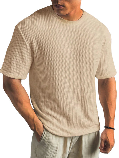 Waffle Fabric Round Neck Short Sleeve Layering T-Shirt