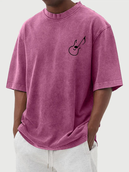 Vintage Washed Guitar Note Print Short Sleeve T-Shirt