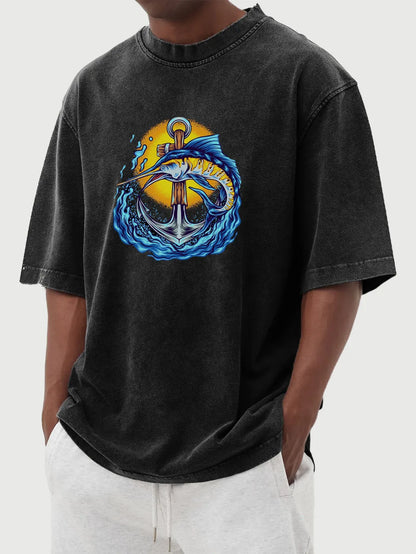 Vintage Washed Anchor & Fish Print T-Shirt