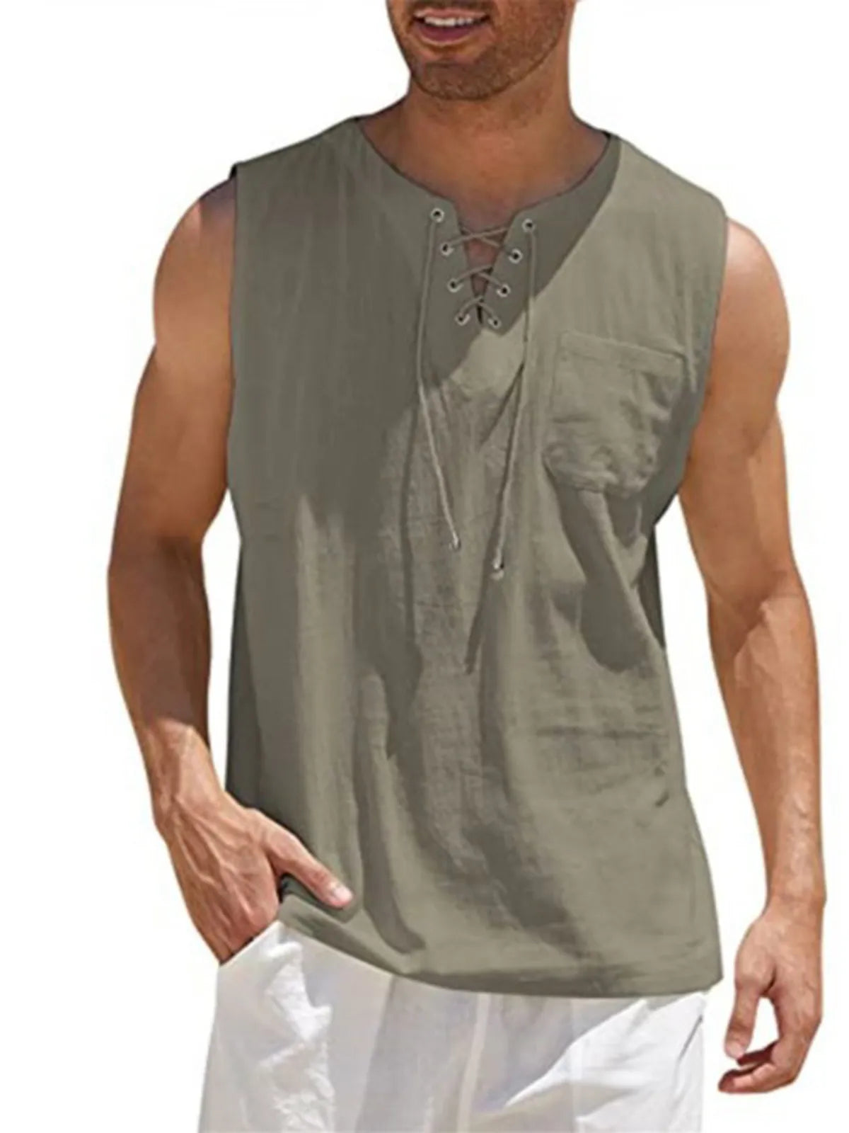Lace-Up Cotton Linen Short Sleeve T-Shirt