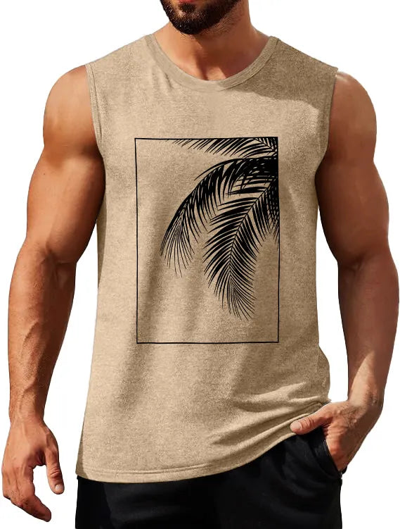 Hawaiian Solid Color Palm Leaf Print Sleeveless Tank Top