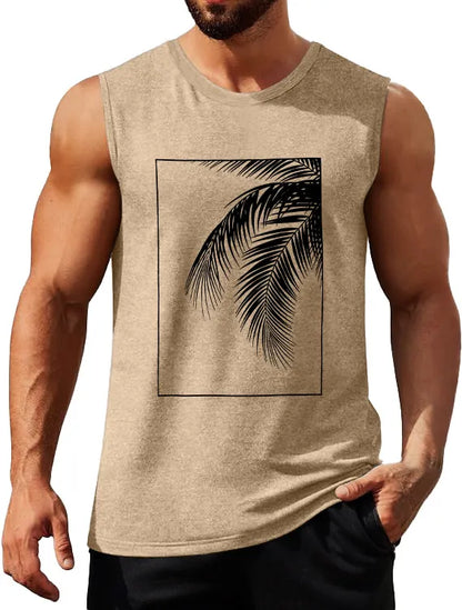 Hawaiian Solid Color Palm Leaf Print Sleeveless Tank Top