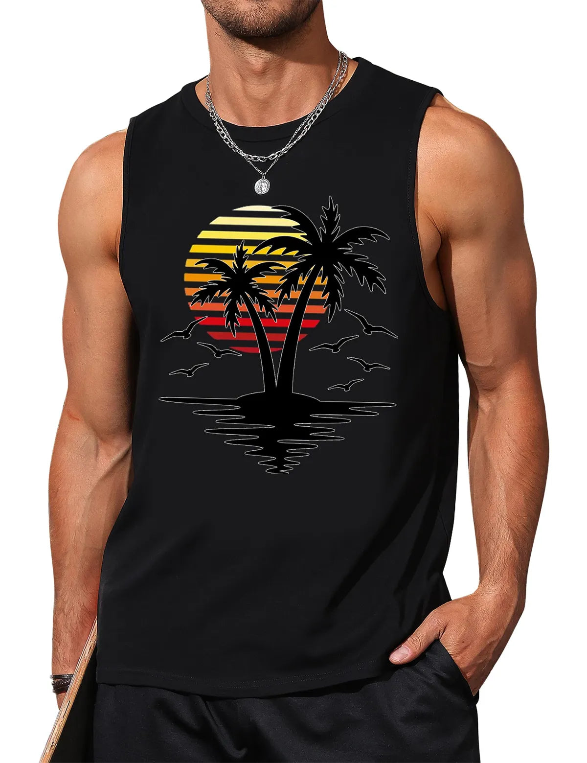 Palm Tree Sleeveless Muscle Tank Top
