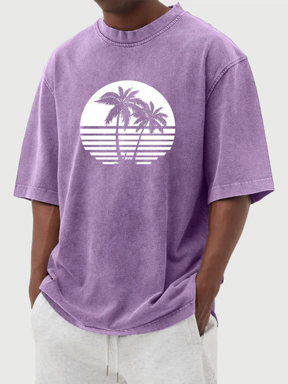 Vintage Washed Hawaiian Coconut Print Short Sleeve T-Shirt
